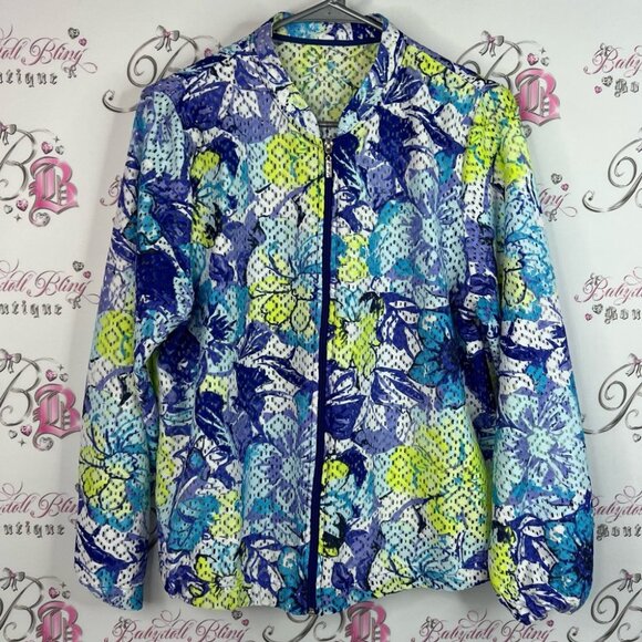 Zip up jacket mesh style lightweight Vibrant Blue and Green Patterned Jacket - Picture 1 of 9